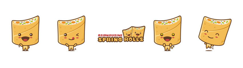 cute spring roll mascot character, food cartoon illustration, with different facial expressions and poses