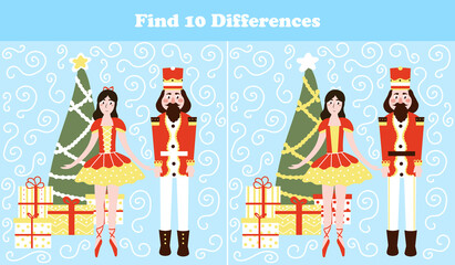 Christmas logical game for printable worksheet, find ten differences riddle for children books with nutcracker character and ballerina in cartoon style, xmas eve and gift boxes, search puzzle