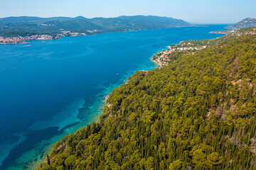 Aerial view of the forested coastline in Peljesac, Croatia