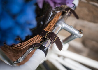 Brown leather strap buckle for bicycle basket filled with beautiful blue and purple flowers.  Vintage old white cream bike restored