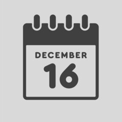 Icon day date 16 December, template calendar page