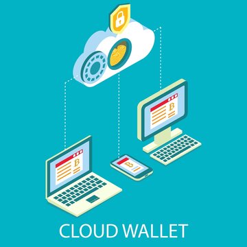 Cloud cryptocurrency wallet, flat vector illustration. Isometric bitcoin cloud connected to mobile phone, laptop and desktop computers. Digital money storage, online crypto coin wallet