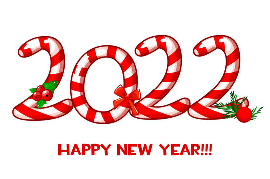 Greeting card or poster Happy New Year 2022 with candy.