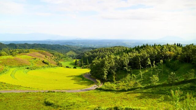 扇棚田「阿蘇外輪山を背景に日本の棚田百選・山吹水源」 ( 標高820mの山間) Ougi Rice Terraces "100 selections of rice terraces in Japan against the backdrop of Aso Sotowayama, Yamabuki Springhead" 日本2021年秋撮影 2021Japan (九州・熊本県阿蘇郡産山村)