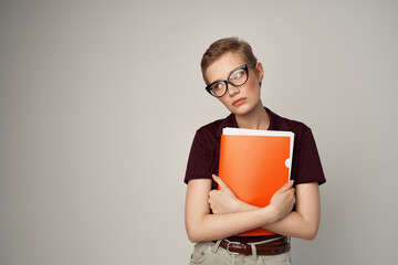 short haired woman in a red shirt classic style cropped view