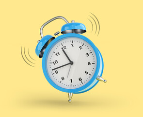 Bleu alarm clock is ringing over yellow background