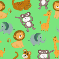 Seamless pattern with animals of Africa. Elephant, tiger, lion, giraffe, monkey. Design for a holiday. Printing for wrapping paper. An illustration for printing. Children's composition. Texture for