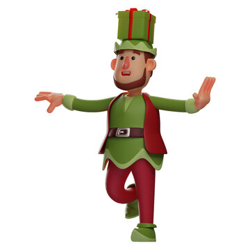 Elf 3D Cartoon Illustration playing body balance with a gift box on head