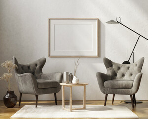 Mockup poster with two gray armchairs, home decoration in the living room. 3d render, 3d illustration.