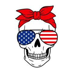 Skull with red bandana and sunglasses. American Flag Print. Vector illustration. Isolated on white background.