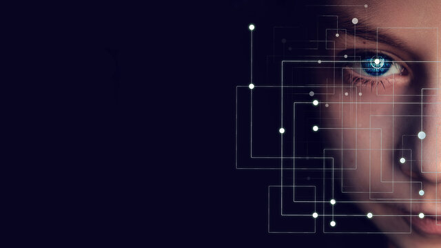 Close-up half face man portrait with binary code in eyes with digital technology network grid on face