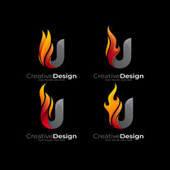 Set letter U logo with fire design combination, abstract style icons