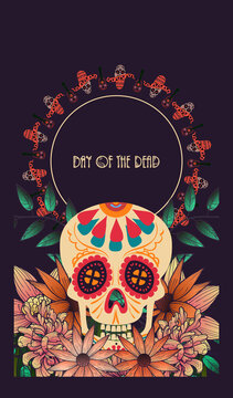 dia de los muertos! skull surrounded by watercolor flowers for the day of all the dead and alive. Makeup for the dead. Vectron illustrations for banners, posters, wallpapers, holiday cards