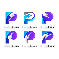 Set letter P logo with thunder design combination, blue color - obrazy, fototapety, plakaty