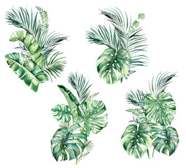 Watercolor tropical leaves bouquets isolated illustration