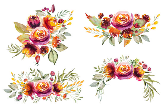 Watercolor autumn bouquets made of flowers and leaves isolated