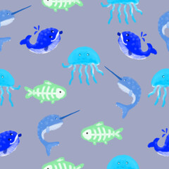 Fototapeta na wymiar Seamless pattern with marine life. Narwhal, whale, X-ray fish, octopus, jellyfish. Design for a holiday. Printing for wrapping paper. An illustration for printing. Children's composition. Texture for
