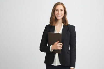 Portrait of a beautiful young business woman with a folder or book in her hand smiling in camera and looking successful isolated on white background - 455901022