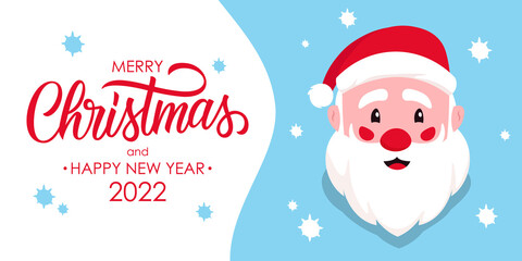 Merry Christmas and Happy New Year 2022 holiday banner with Santa Claus and hand drawn lettering. Perfect for Christmas holiday greetings and invitations. Vector illustration.