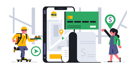Online food delivery service to your home. Successful online payment for ordering food delivery to your home through the phone application. Payment check, terminal, money, courier.Vector illustration