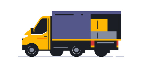 Truck for online home delivery service. Transport for delivery of orders. Truck back side, open body with parcels and boxes. Vector illustration isolated on white background.