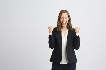 Portrait of a happy and succesful business woman clench fists and laughing with a lot of expression...