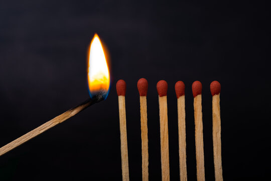 burn match next to a row of unlit matches with dark black background. The Passion of One Ignites New Ideas, Change in Others.