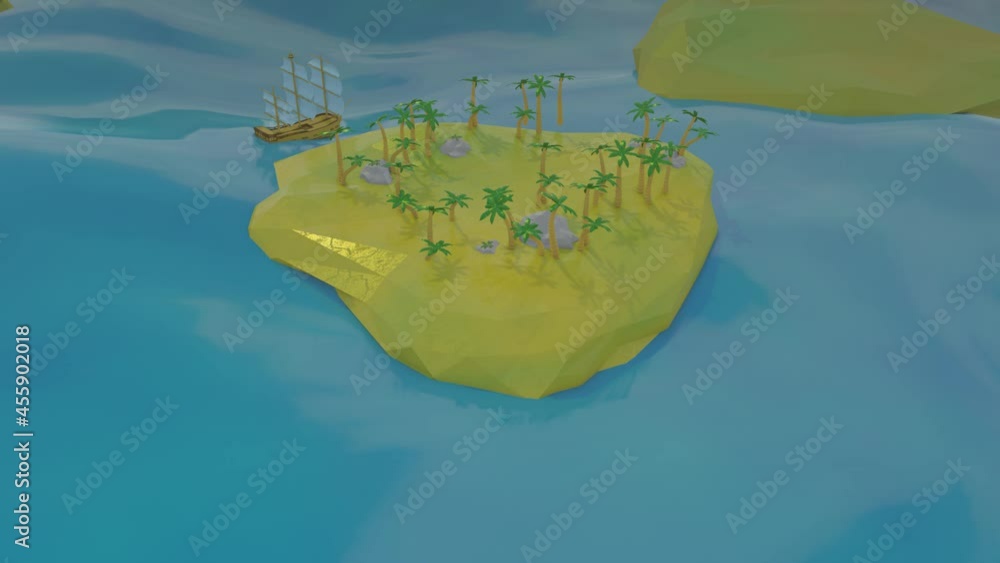 Poster sailing frigate sails on the sea around the island with palm trees. low poly landscape. looped anima