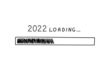 Progress bar 2022 new year in doodle style, vector illustration. Hand drawn loading symbol, black isolated element on white background. Sketch load bar