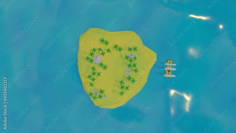 Poster sailing frigate sails on the sea around the island with palm trees. low poly landscape. looped anima