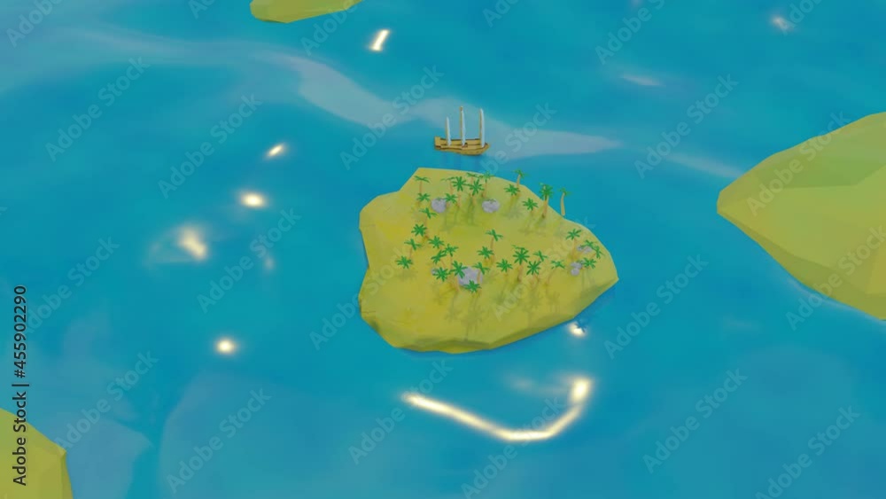 Poster sailing frigate sails on the sea around the island with palm trees. low poly landscape. looped anima