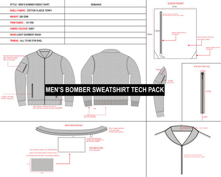 technical drawing, bomber technical drawing, jacket technical drawing, men's bomber jacket techpack