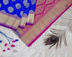 Traditional Indian silk Saree. Indian Silk Fabric clothing. Banarasi silk