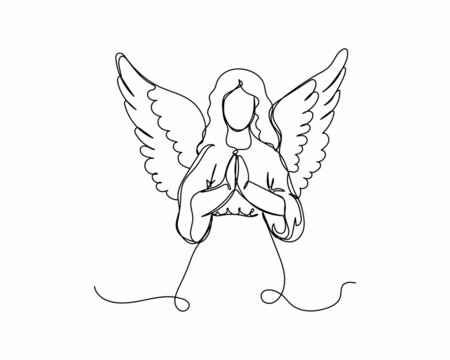 Continuous one line drawing of angel icon christmas concept in silhouette on a white background. Linear stylized.