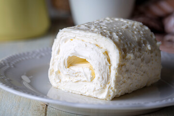 Turkish creamy dairy product. Clotted cream (butter cream) for Turkish breakfast with glass of milk. (Turkish name; kaymak)