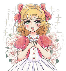 劇画風少女漫画・泣くお姫様・薔薇に囲まれて胸に手を当てる