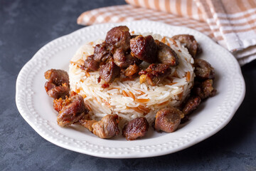 Turkish Meat Et Kavurma with rice - pilav (Turkish name; kurban kavurma)