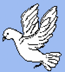 flying pigeon on a blue background, pixel art, cross stitch pattern. , pixel design of the bird logo.