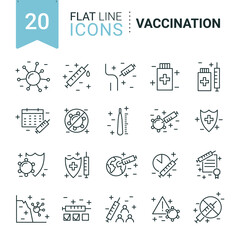 Vaccination and immunization line icon set. Collection of linear symbols. Vaccines against virus, vaccination sheldule, anti vaccine, shield virus. Flu, hepatitis, measles covid prevention