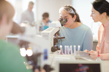 Female teacher and girl student conducting scientific experiment at microscope in laboratory classroom