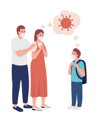 Anxious parents see off their son semi flat color vector character. Family figure. Full body people on white. After covid isolated modern cartoon style illustration for graphic design and animation