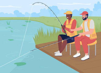 Fishing with friend flat color vector illustration. Recreational hobby. Men sitting baiting fish. Relax in wildlife. Fishers sitting with rods 2D cartoon characters with landscape on background
