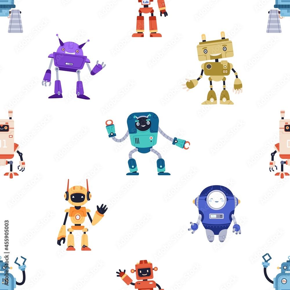 Aufkleber Seamless childish pattern with cute robot toys on white background. Endless repeating texture with funny cyborgs and bots for kids. Flat cartoon vector illustration of backdrop design for printing