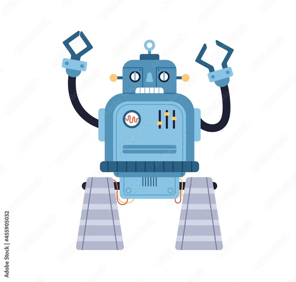 Poster cute funny robot toy. old retro bot in 50s style. childish cyborg with bizarre face and hands. portr