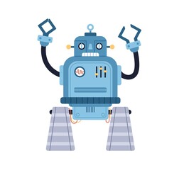 Cute funny robot toy. Old retro bot in 50s style. Childish cyborg with bizarre face and hands. Portrait of kids humanoid machine. Colored flat cartoon vector illustration isolated on white background