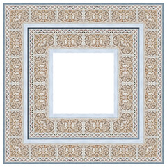 Fototapeta premium Old carved stone frame, on white background for easy selection, taken from the medieval frieze of the facade of Pisa Cathedral (Italy - Tuscany - Pisa city)
