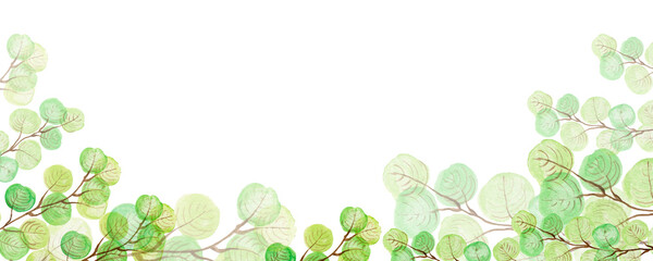 Background, banner made of green twigs.Top and bottom border, frame made of  plants and  leaves,watercolor illustration isolated on eucalyptus, blue background, purple background.
