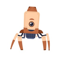 Cute single-eyed robot toy standing on metal legs-tentacles. Funny childish futuristic bot. Portrait of modern machine for kids. Colored flat cartoon vector illustration isolated on white background