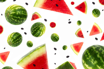 Levitation of watermelon ripe pieces of watermelon in white background.Fruits in the air. Flying...