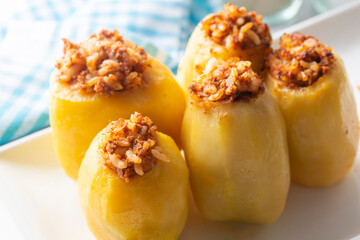 Traditional delicious Turkish food; stuffed potatoes (Turkish name; Patates dolmasi)